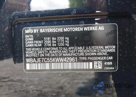 2019 BMW 540I xDrive from USA, damaged, VIN WBAJE7C55KWW42961